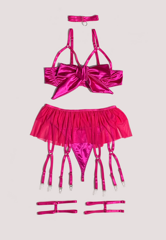Red Bow Lingerie Set Sexy Femme Bra Thong Skirt  Bondage Underwear