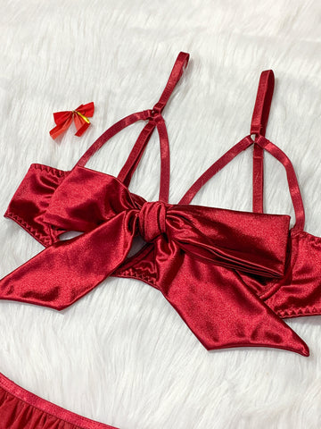 Red Bow Lingerie Set Sexy Femme Bra Thong Skirt  Bondage Underwear