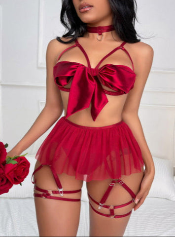 Red Bow Lingerie Set Sexy Femme Bra Thong Skirt  Bondage Underwear