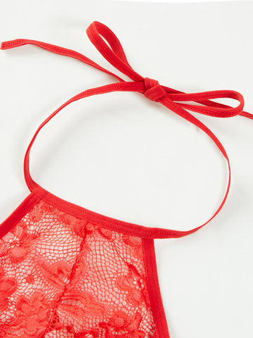 Floral Lace Seethough Criss Cross Teddy Bodysuit