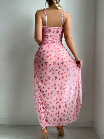 Women's Cherry Mesh Floral Long Dress & Thong Set