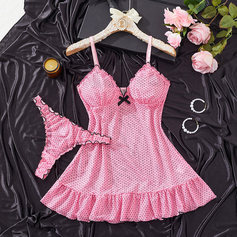 Women's Sexy Polka Dot Mesh Nightdress Set with Bow