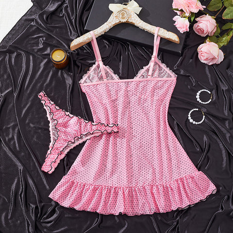 Women's Sexy Polka Dot Mesh Nightdress Set with Bow