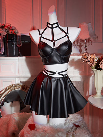 Women's 3-Piece Metallic Leather Cutout Corset Lingerie Mini Skirt Set