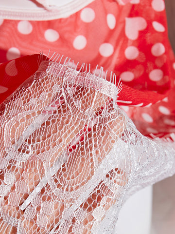 Women's Red Polka Dot Mesh Top Skirt & Thong Lingerie Set