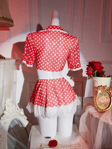 Women's Red Polka Dot Mesh Top Skirt & Thong Lingerie Set
