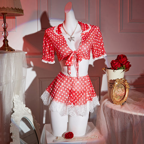 Women's Red Polka Dot Mesh Top Skirt & Thong Lingerie Set