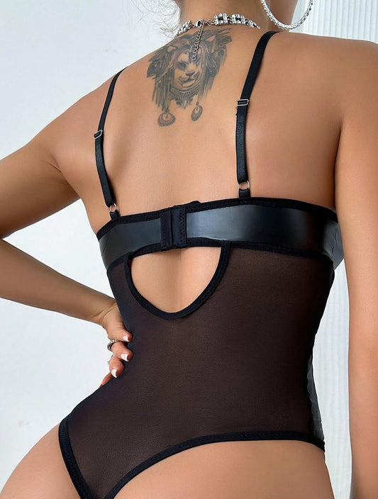 Women’s Black Mesh & PU Leather Bodysuit with Snap Fasteners