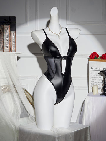 Women’s Black Mesh & PU Leather Bodysuit with Snap Fasteners