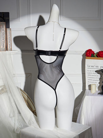 Women’s Black Mesh & PU Leather Bodysuit with Snap Fasteners