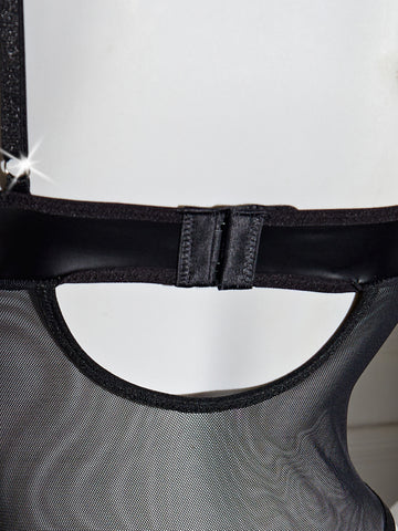 Women’s Black Mesh & PU Leather Bodysuit with Snap Fasteners