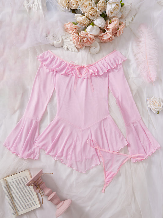 Women Pink Bow Sheer Lingerie 3-piece Set