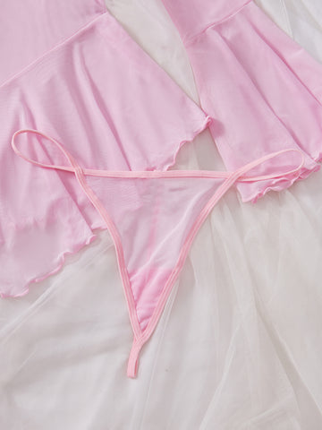 Women Pink Bow Sheer Lingerie 3-piece Set