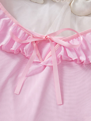 Women Pink Bow Sheer Lingerie 3-piece Set